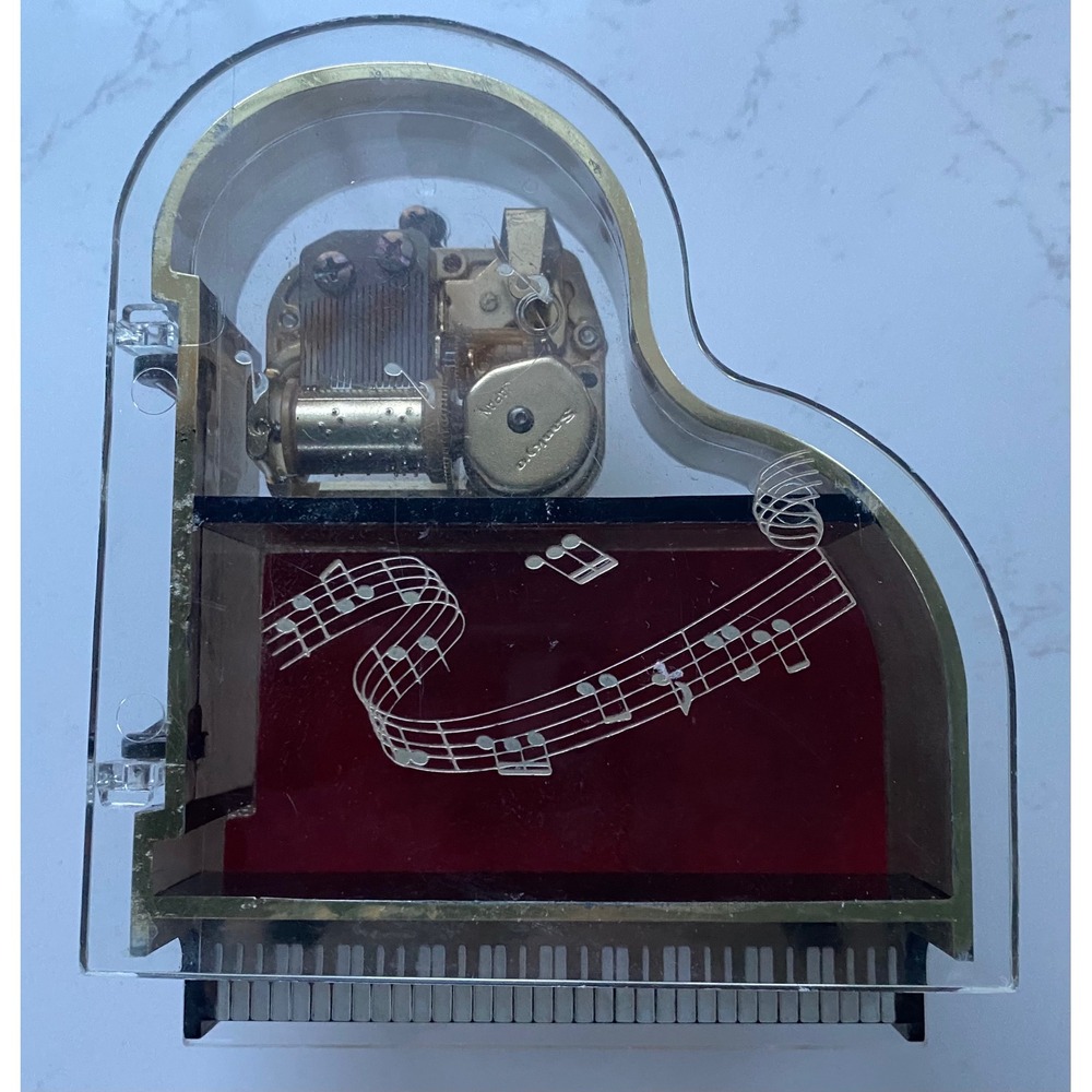 Vintage Sankyo Clear Acrylic Grand Piano Music Box Jewelry Trinket Case Japan